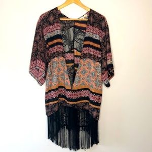 Cato Boho Kimono with Lace and fringe in black-M
